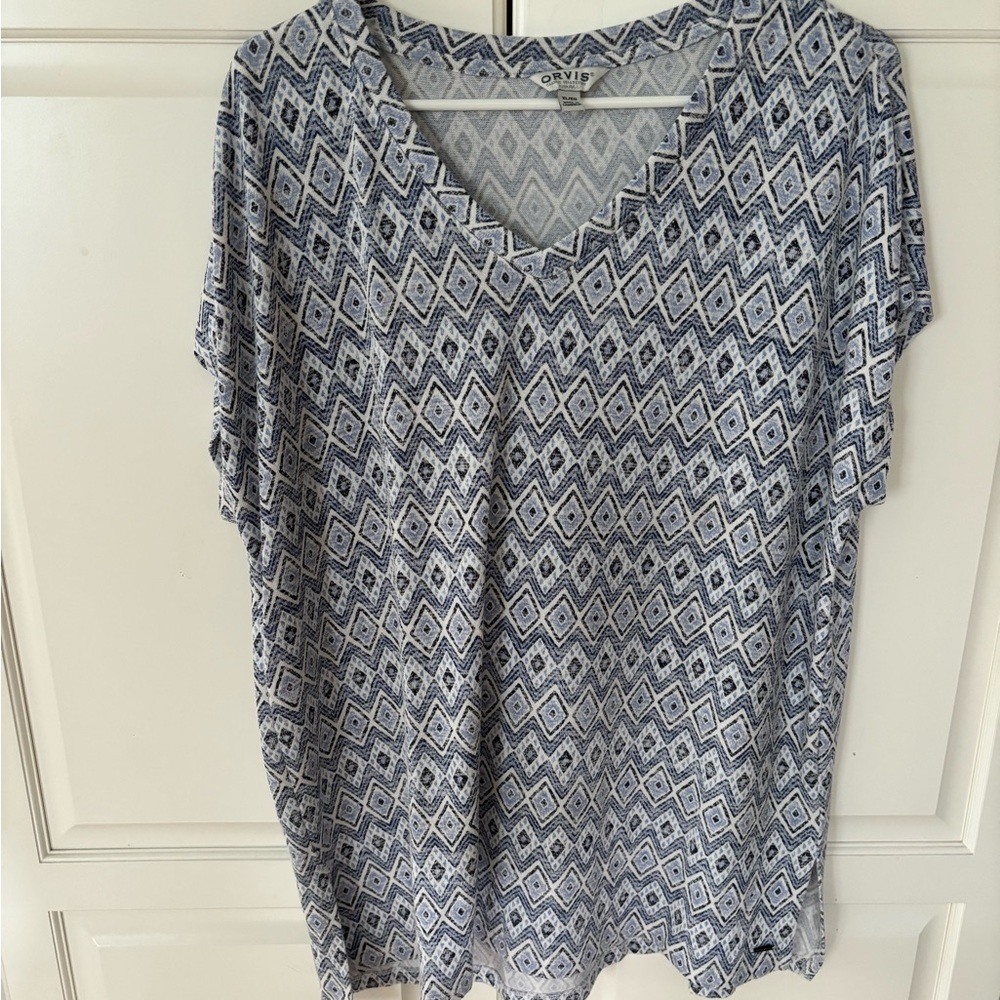 Orvis Womens Shirt‎ Blue V Neck Short Sleeve Polyester Rayon Blend Tunic size XL